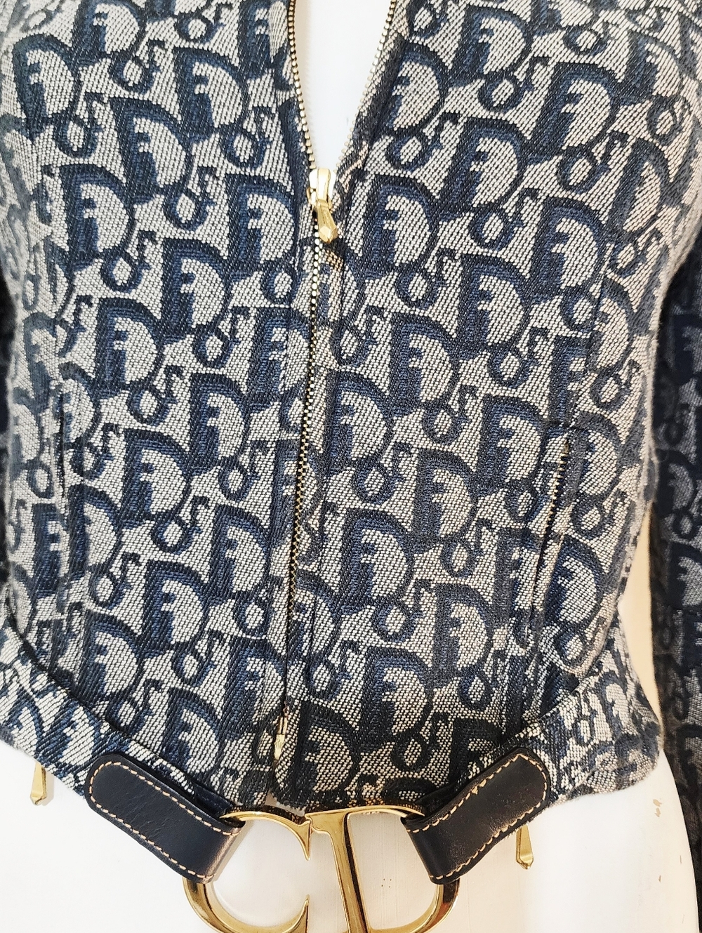 Rare Chrisitian Dior Trotter Monogram Zip Jacket with Gold CD Belt Sz 4 - Picture 3 of 4